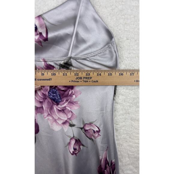 Floral Satin Slip Dress Women’s M/L Silver Purple Cowl Neck - Picture 6 of 7